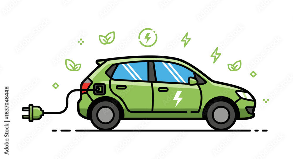 Obraz premium Green electric car charging with a plug and cable symbolizing eco-friendly transportation and clean energy for a sustainable future
