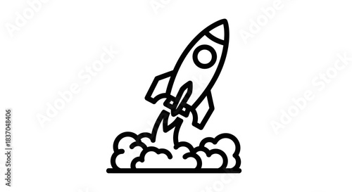 Rocket ship launching with smoke and fire a simple outline illustration for space exploration startup concept and technology themes isolated on white