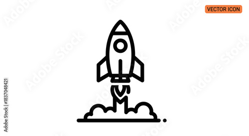 Rocket ship launching with smoke trail simple outline vector illustration for startup and space exploration concepts isolated on white