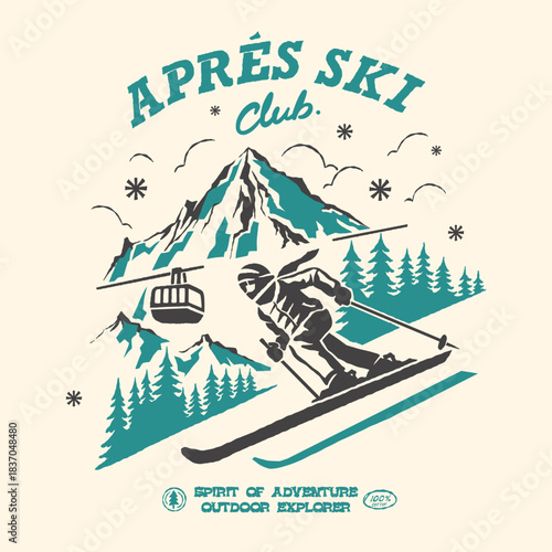 Apres Ski logo vector vintage illustration skier adventure on mountain snow pine tree nature national park