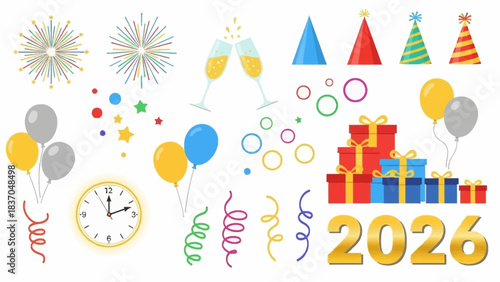 Colorful New Year Elements – Balloons, Hats, Gifts