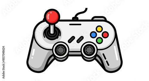 Classic video game controller featuring a red joystick and vibrant buttons rendered in a charming flat cartoon style perfect for gaming technology and entertainment designs