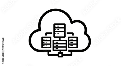Cloud computing data center icon featuring connected server racks within a cloud outline ideal for technology networking and web services