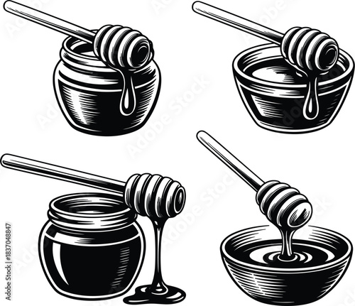 Detailed black vector set of vintage honey jars and bowl with wooden dippers, symbolizing organic food, sweet natural liquid, and health products
