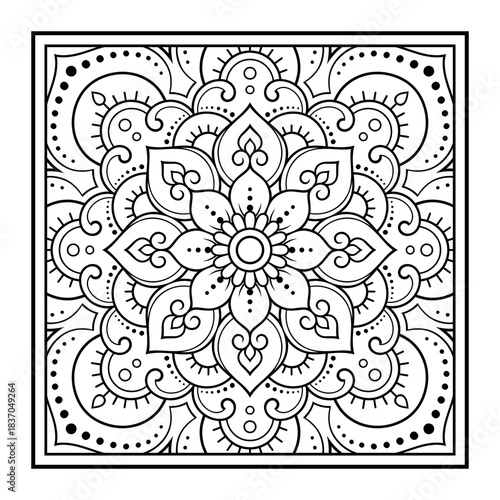Decorative pattern of flowers and paisley for printing on fabric. Ornament for a bandana, a silk neckerchief, a tablecloth or a kerchief. Square sketch in tribal or oriental style.