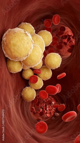 A detailed medical illustration depicts a constricted blood vessel, clogged with a build-up of cholesterol, surrounded by blood cells.