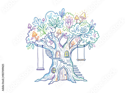 Whimsical and colorful hand-drawn illustration of a magical treehouse with glowing mushrooms, swings, and multiple doors, perfect for a fantasy story.