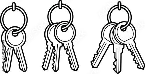 Black vector outline set of keys on keychains in various numbers, symbolizing security, home, access, property, and simple pictogram design