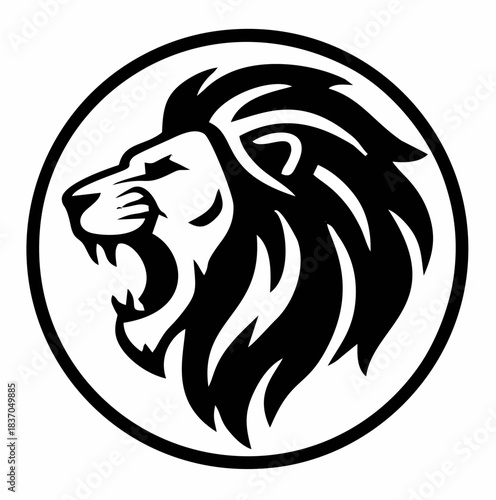 Black and white roaring lion head in profile within a circular emblem, symbolizing strength and courage.