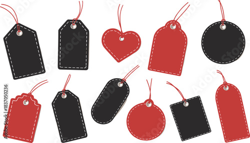 Vector set of black and red price tags, sale labels, and discount stickers with stitching and strings, perfect for retail and e-commerce design