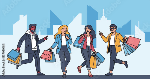 Smiling girls standing in a crowd with fashion shopping bags, a happy illustration of people enjoying business fun