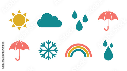Diverse Weather Icons Collection Sun Cloud Rain Snow Rainbow Umbrella Set Vector Illustrations