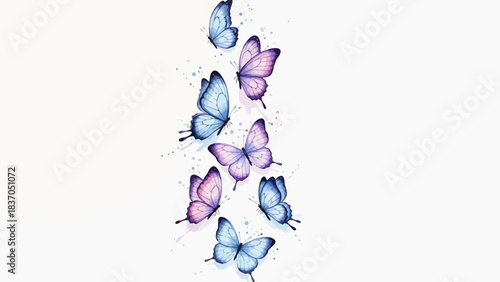 A vertical arrangement of watercolor butterflies in shades of blue and pink cascade downwards.