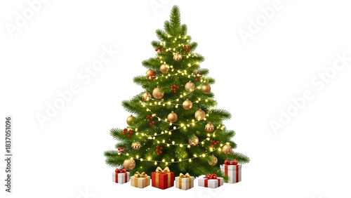 Decorated christmas tree with presents isolated on transparent background