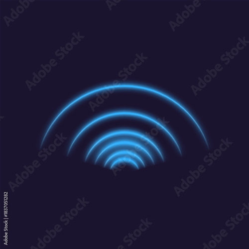 Abstract Blue Neon Concentric Arcs Expanding on a Dark Background Illustrating Digital Sound, Signal, or Radio Waves