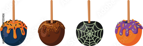 Cute vector set of colorful Halloween caramel apples dipped in chocolate, sprinkles, and spiderweb designs, perfect for seasonal party graphics