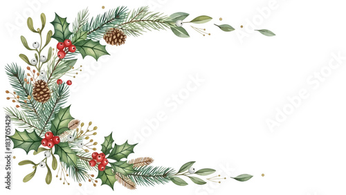 A watercolor illustration of a festive Christmas garland with pine branches, holly, and berries