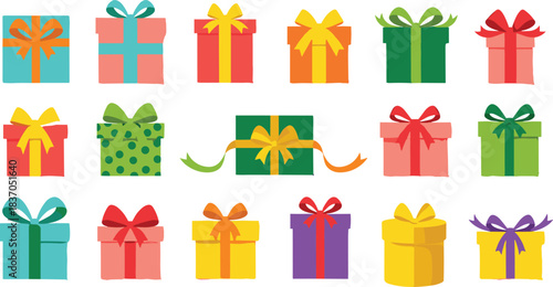 Colorful collection of decorative gift boxes with ribbons, bows, and festive patterns perfect for holiday celebration design, birthday graphics, packaging art, and seasonal projects