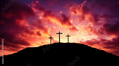Dramatic Golgotha Hill with Crosses at Glowing Sunset