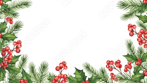 Festive Christmas border with pine branches and holly berries creates a holiday greeting card space