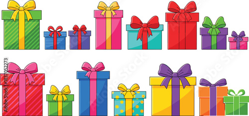 Colorful wrapped gift boxes, festive presents with bows, bright cartoon packages, holiday celebration illustration, decorative birthday gifts collection for events
