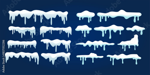 Set of cartoon icy snow caps and icicles in winter theme. Frozen snowy elements. Design Illustration