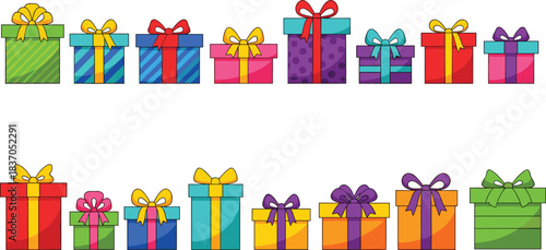 Colorful wrapped gift boxes, festive presents with bows, bright holiday packages, cartoon style illustration, celebration decoration collection for birthdays and events