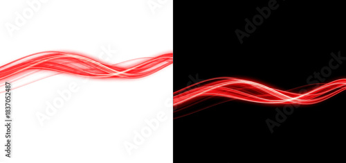 Red neon flowing wave lines with glowing abstract light streaks