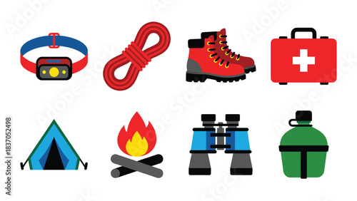 Adventure Gear Icon Set Camping Hiking and Outdoor Essentials Collection