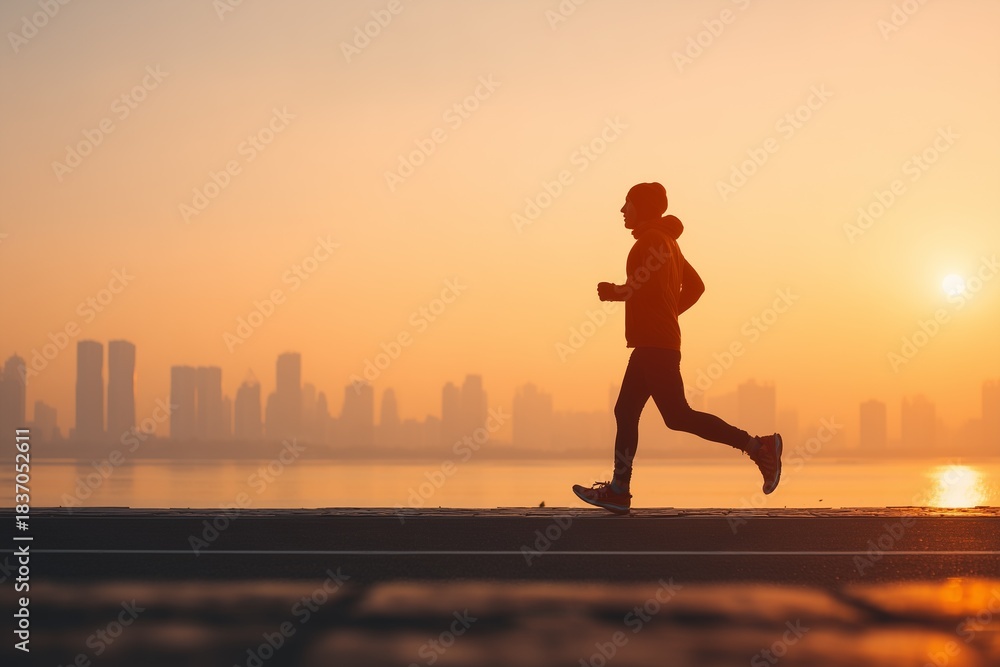 Fototapeta premium A man running outdoors during sunrise.