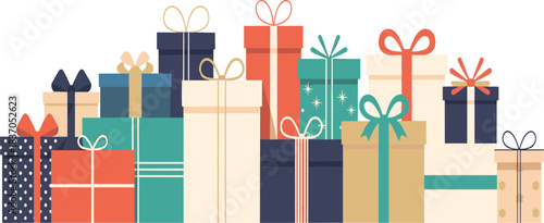 Large colorful vector collection of stacked Christmas gifts and presents with ribbons, symbolizing holiday shopping, celebration, and festive cheer