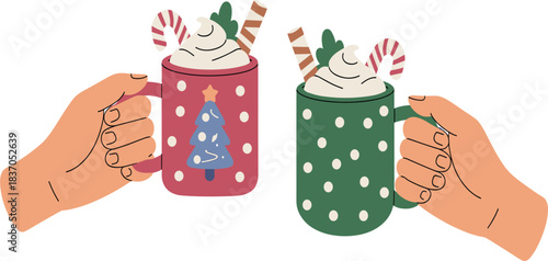 Cute vector illustration of hands holding festive Christmas hot chocolate mugs decorated with candy canes and holiday tree design for season greeting