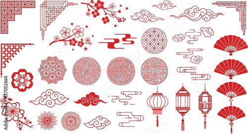Red Asian Vector Elements Set, Traditional Chinese Corners, Geometric Patterns, Floral Designs, Clouds, and Fans for Lunar New Year and Cultural Design Backgrounds.