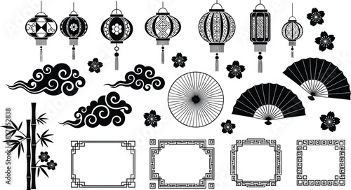 Detailed Monochrome Asian Vector Elements Set, Black Silhouettes of Traditional Lanterns, Bamboo Stalks, Folding Fans, Clouds, and Geometric Borders for Oriental Design and Decoration.
