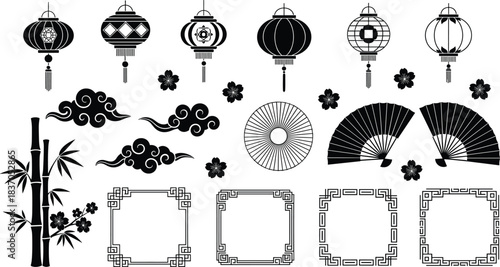 Monochrome Asian Vector Elements Set, Black Silhouettes of Traditional Lanterns, Bamboo Stalks, Folding Fans, Clouds, and Geometric Borders for Oriental Design and Decoration.