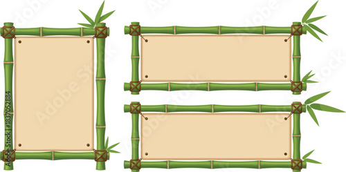 Set of Green Bamboo Frames with Blank Paper Banner, Tropical Wood Pole Signs Tied with Twine, Natural Asian Decoration Template, Sustainable Eco-Friendly Background Vector Illustration.