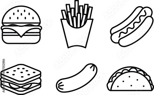 Minimalist vector outline icon set featuring popular fast food: hamburger, french fries, hot dog, and tacos, ideal for restaurant menu design