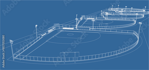 3D Blueprint Rendering of a Multiple Baseball Field Complex
