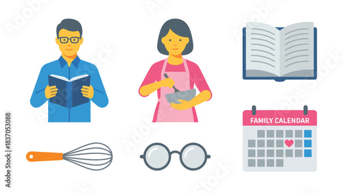 Happy Family Icons Cooking Fun Reading Together and Organizing Life