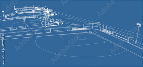 3D Wireframe Rendering of a Baseball Dugout and Spectator Shelter