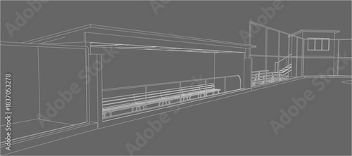 3D Wireframe Rendering of a Baseball Dugout and Spectator Area