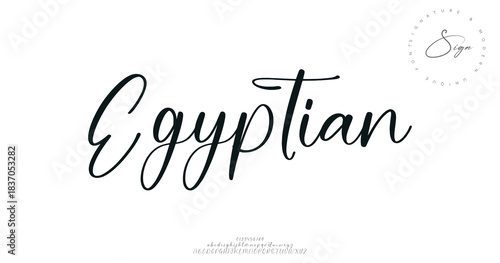 A bold calligraphic script with exotic flair and culturally inspired styling