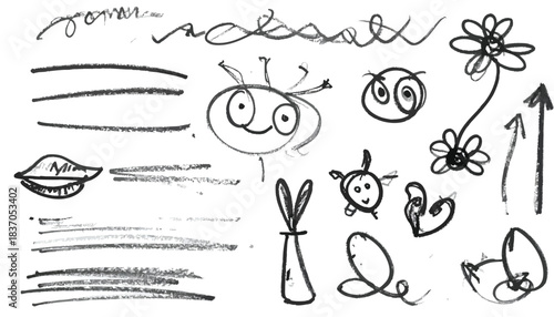 Whimsical pencil sketches of assorted lines and cartoonish figures