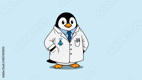Cartoon penguin in a lab coat with a tie and pens in pocket