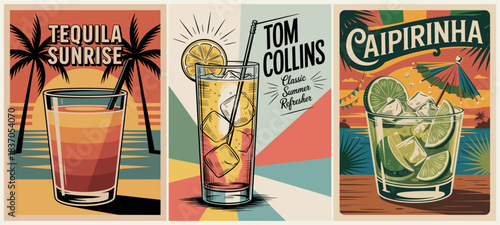 Vintage-style posters set featuring Tequila Sunrise, Tom Collins, and Caipirinha cocktails with bold retro colors, tropical and geometric backgrounds, and cursive title.