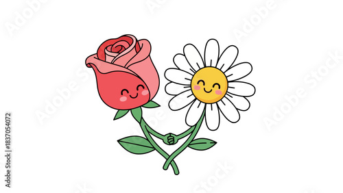 Cartoon rose and daisy flowers holding stems creating a heart shape