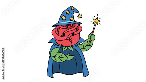 Cartoon rose wearing a wizard hat and cape holds a wand