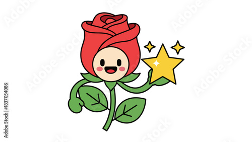 Cartoon rose with a face arms legs and a star