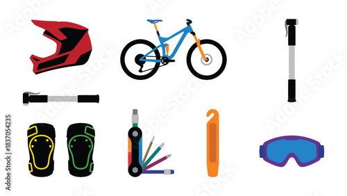 Mountain Biking Gear Flat Icons Set Helmet Bike Pump Knee Pads Multi tool Tire Levers Goggles