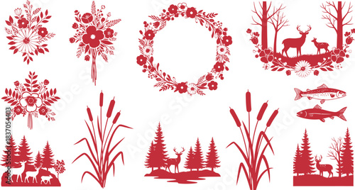 Collection of red floral and nature silhouette design element set